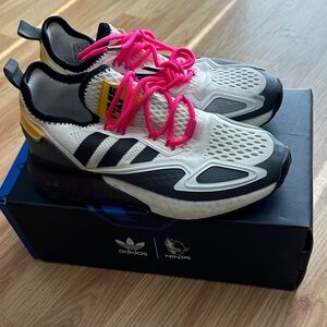 adidas White Black Sneakers with Hot Pink Laces and Yellow Heel